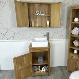 Small Compact Oak Bathroom Modern Vanity Cabinet & Ceramic Basin 308 - thumbnail 3
