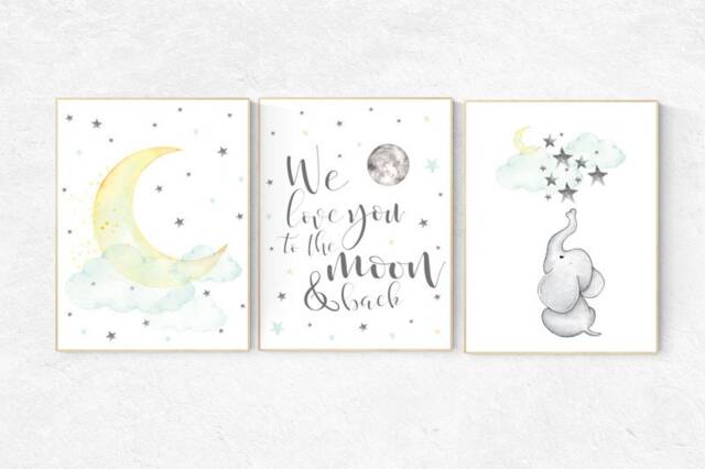 Elephant Nursery Art Print Moon, Stars, Cloud Decor - image 1