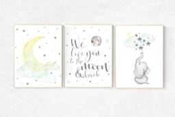 Elephant Nursery Art Print Moon, Stars, Cloud Decor - thumbnail 1