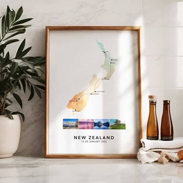 New Zealand Personalised Travel Map Print With Photo Collage Wall Decor Home Poster Engagement Gift Custom - image 1