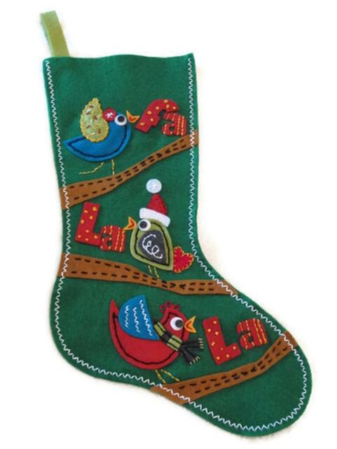 Birds Christmas Felt Stocking Green Fa La - image 1