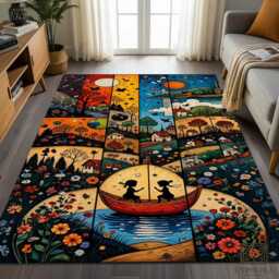 Whimsical Storybook Village Rug - Fantasy Landscape Patchwork Mat - thumbnail 1