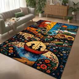 Whimsical Storybook Village Rug - Fantasy Landscape Patchwork Mat - thumbnail 2