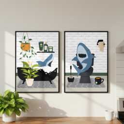 Shark Bathroom Prints, Bath & Toilet Art, Set Of Two White Prints - thumbnail 1