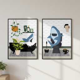 Shark Bathroom Prints, Bath & Toilet Art, Set Of Two White Prints - thumbnail 3