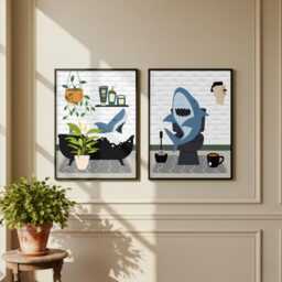 Shark Bathroom Prints, Bath & Toilet Art, Set Of Two White Prints - thumbnail 2