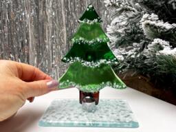 Fused Glass Christmas Tree Ornament in Stand-Up Mount, Handmade Artwork - thumbnail 1