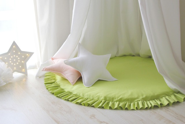 Lime Green Cotton Round Play Mat With Ruffles, Quilted Nursery Floor Mat, Activity Rug - image 1