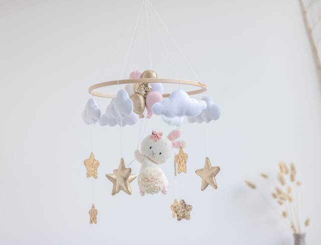 Baby Mobile Girl Bunny Pink Nursery Balloons & Starts Eco-Friendly Toy Felt Hanging Crib Newborn Baby Shower Gift - image 1