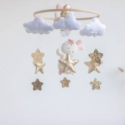 Baby Mobile Girl Bunny Pink Nursery Balloons & Starts Eco-Friendly Toy Felt Hanging Crib Newborn Baby Shower Gift - thumbnail 3