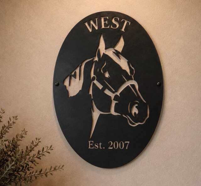 Custom Horse Sign Metal Wall Art Rustic Farmhouse Ranch Name Personalized Family Home Western Stable Bronze Sculpture Oval Mounted - image 1
