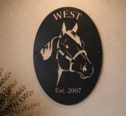 Custom Horse Sign Metal Wall Art Rustic Farmhouse Ranch Name Personalized Family Home Western Stable Bronze Sculpture Oval Mounted