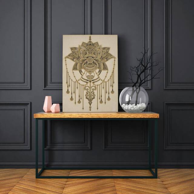 Lotus Floral Pattern Wall Hanging, Vertical Wood Art, Modern Laser Cut Living Room Decor - image 1