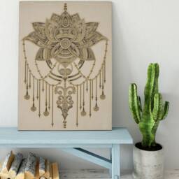 Lotus Floral Pattern Wall Hanging, Vertical Wood Art, Modern Laser Cut Living Room Decor - thumbnail 2