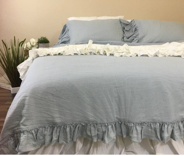 Duck Egg Blue Duvet Cover With Country Ruffle Hem, Linen Bedding, Shabby Chic Bedding - image 1