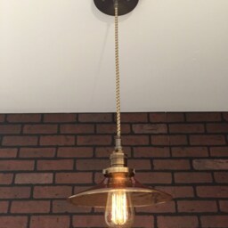 "Industrial Pendant Light -Antique Brass 8"" Flat Amber Glass Shade with Patented ""Huila Connectors" - thumbnail 2