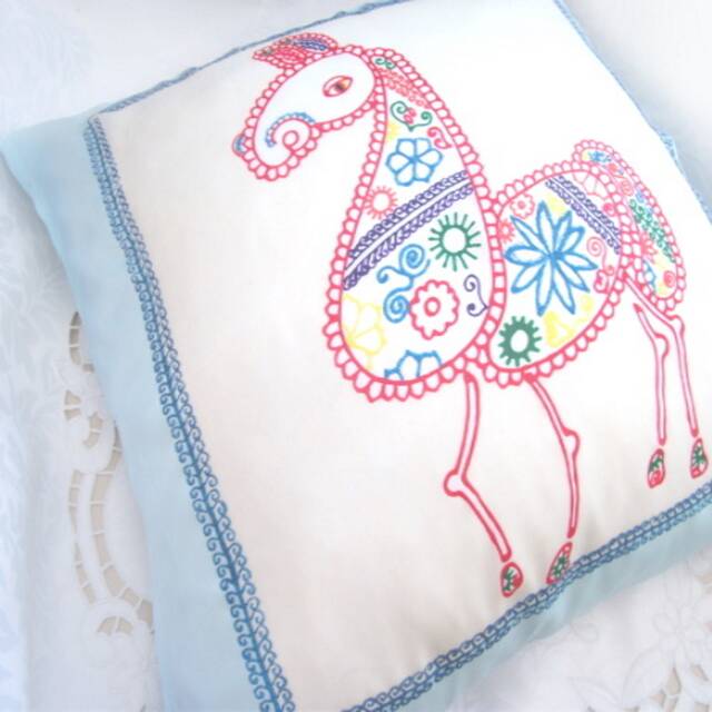 Handpainted Mexican Style Horse Silk Cushion Cover Blue, White & Red - image 1