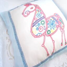 Handpainted Mexican Style Horse Silk Cushion Cover Blue, White & Red - thumbnail 1
