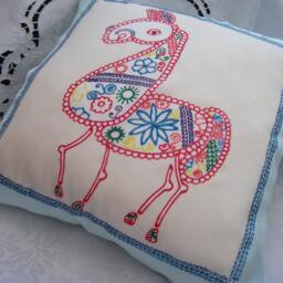Handpainted Mexican Style Horse Silk Cushion Cover Blue, White & Red - thumbnail 2