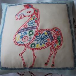 Handpainted Mexican Style Horse Silk Cushion Cover Blue, White & Red - thumbnail 3