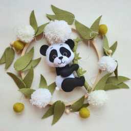 Panda Baby Mobile Nursery Decor Bamboo Pompoms Newborn Gift - thumbnail 3