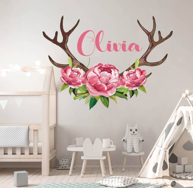 Name Wall Decal Girl Room, Custom Sticker Babytoddler Bedroom, Floral Deer Antler Horns Crib Bed, Rustic Woodland Decor Girlroom - image 1