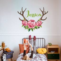 Name Wall Decal Girl Room, Custom Sticker Babytoddler Bedroom, Floral Deer Antler Horns Crib Bed, Rustic Woodland Decor Girlroom - thumbnail 3