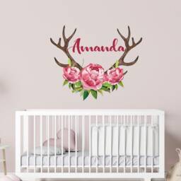 Name Wall Decal Girl Room, Custom Sticker Babytoddler Bedroom, Floral Deer Antler Horns Crib Bed, Rustic Woodland Decor Girlroom - thumbnail 2