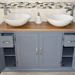 Solid Oak Top Grey Painted Bathroom Vanity Unit Cabinet Twin Marble Bowl Basin Tap Plug 402Gsbcx2 - thumbnail 3
