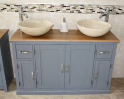 Solid Oak Top Grey Painted Bathroom Vanity Unit Cabinet Twin Marble Bowl Basin Tap Plug 402Gsbcx2