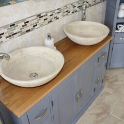 Solid Oak Top Grey Painted Bathroom Vanity Unit Cabinet Twin Marble Bowl Basin Tap Plug 402Gsbcx2 - thumbnail 2
