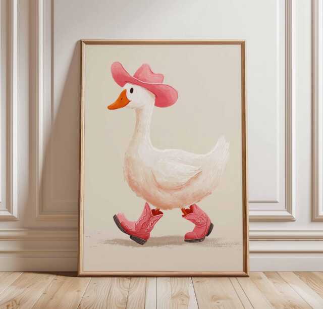 Cowboy Duck Wall Art Print, Funny Poster With Pink Hat & Boots, Cute Farm Animal Nursery Decor For Kids Room - image 1