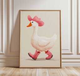 Cowboy Duck Wall Art Print, Funny Poster With Pink Hat & Boots, Cute Farm Animal Nursery Decor For Kids Room - thumbnail 1