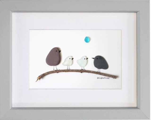 Birds On Branch - Pebble Art & Sea Glass Bird Picture Framed Handmade - image 1