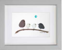 Birds On Branch - Pebble Art & Sea Glass Bird Picture Framed Handmade - thumbnail 1