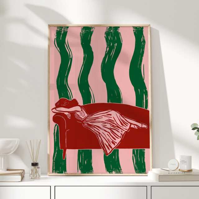 Woman On Red Sofa Print, Pink & Green Wall Art, Modern Figurative Poster, Bold Lounge Room Decor, Contemporary Home Print - image 1