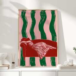 Woman On Red Sofa Print, Pink & Green Wall Art, Modern Figurative Poster, Bold Lounge Room Decor, Contemporary Home Print - thumbnail 1