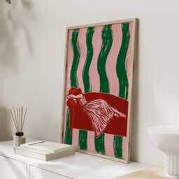 Woman On Red Sofa Print, Pink & Green Wall Art, Modern Figurative Poster, Bold Lounge Room Decor, Contemporary Home Print - thumbnail 2