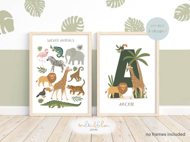 Jungle Animal Prints, Personalised Name Print Set, Safari Animals Print, Scandi Nursery, Playroom Kids Art - image 1