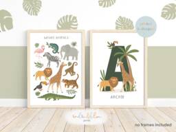 Jungle Animal Prints, Personalised Name Print Set, Safari Animals Print, Scandi Nursery, Playroom Kids Art - thumbnail 1