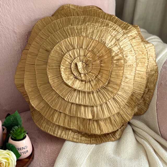 Gold Crushed Silk Ruffled Rose Modern 16 Inch Round Pillow Cover - Vintage Golds - image 1