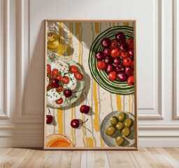Mediterranean Kitchen Wall Art Print, Food Still Life Poster, Colorful Dining Room Artwork, Fruit & Salad Illustration, Rustic Decor - thumbnail 1