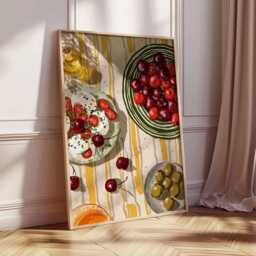 Mediterranean Kitchen Wall Art Print, Food Still Life Poster, Colorful Dining Room Artwork, Fruit & Salad Illustration, Rustic Decor - thumbnail 2