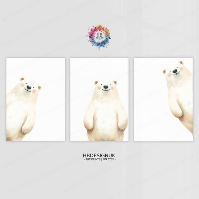 Peeking Polar Bear Prints - Set Of 3 Nursery Posters - Animal Playroom Decor Gender Neutral Baby Wall Art Peekaboo Poster Print A3/A4 - image 1