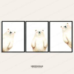 Peeking Polar Bear Prints - Set Of 3 Nursery Posters - Animal Playroom Decor Gender Neutral Baby Wall Art Peekaboo Poster Print A3/A4 - thumbnail 3