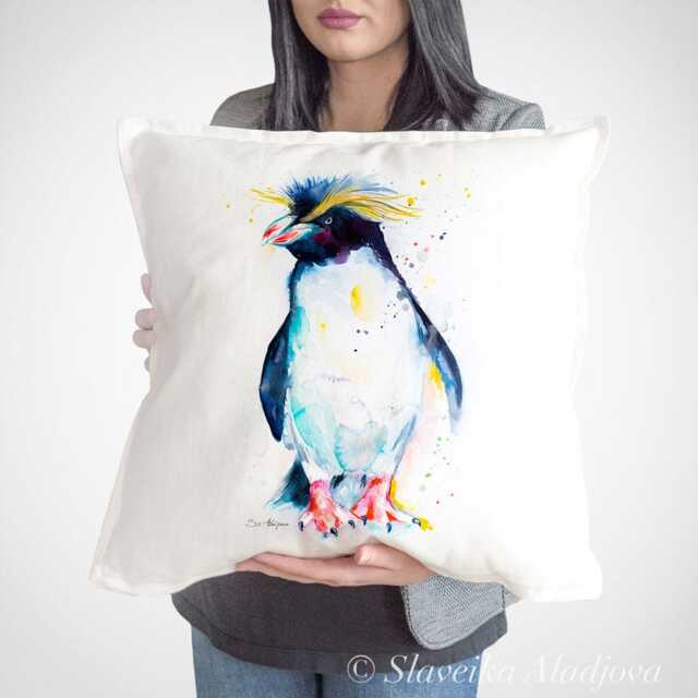 Rockhopper Penguin Throw Pillow Cover By Slaveika Aladjova, Cushion Cover, Decorative Pillow Cover, Animal Art, Watercolor Pillow, Christmas - image 1