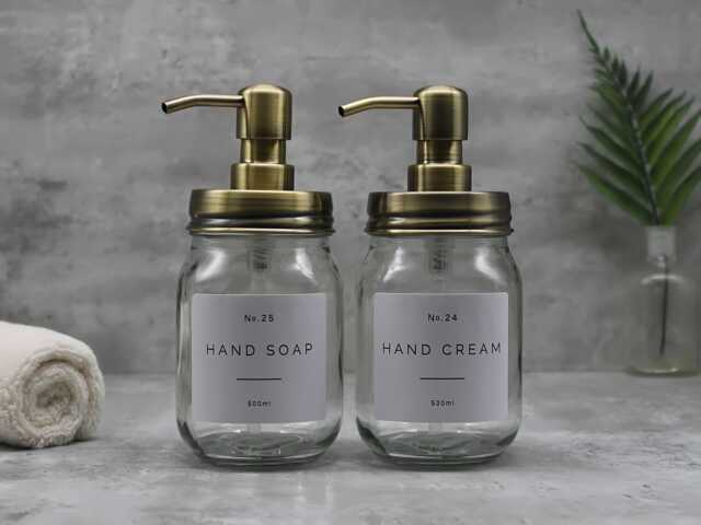 Mason Jar Soap Dispenser Brass Lid, Waterproof Label, Refillable Glass - image 1