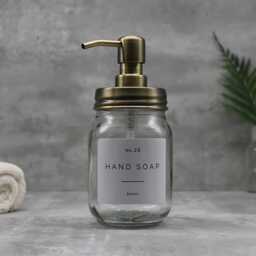 Mason Jar Soap Dispenser Brass Lid, Waterproof Label, Refillable Glass - thumbnail 3