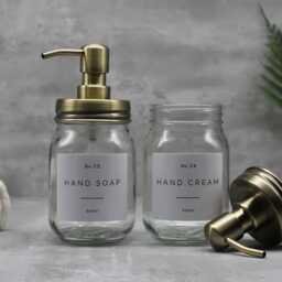 Mason Jar Soap Dispenser Brass Lid, Waterproof Label, Refillable Glass - thumbnail 2