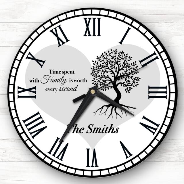 Family Tree Black Silhouette Heart Grey Personalised Gift Clock - image 1